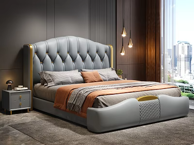 Elegant Modern Bedroom With Grey Tufted Headboard Gold Trim City View Window And Pendant Lights 3d model