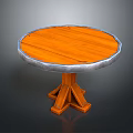 Round Wooden Tabletop With Silver Metal Edge And Cross Structure Wooden Legs