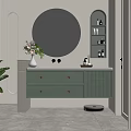 Modern Bathroom Interior With Round Mirror Green Vanity White Countertop And Niche Shelf