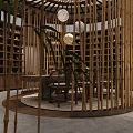 Traditional Chinese Teahouse Interior With Bamboo Partitions Round Wooden Table Chairs Bookshelves And Hanging Lamps