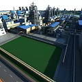 Large Scale Industrial Plant With Piping Systems Buildings Surrounding River And Roads