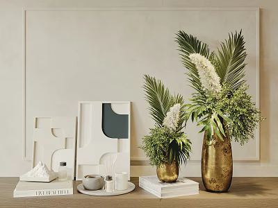 Elegant Ornamental Decor Combination With Gold Vases Green Plants Geometric Art And Books 3d model