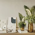 Elegant Ornamental Decor Combination With Gold Vases Green Plants Geometric Art And Books