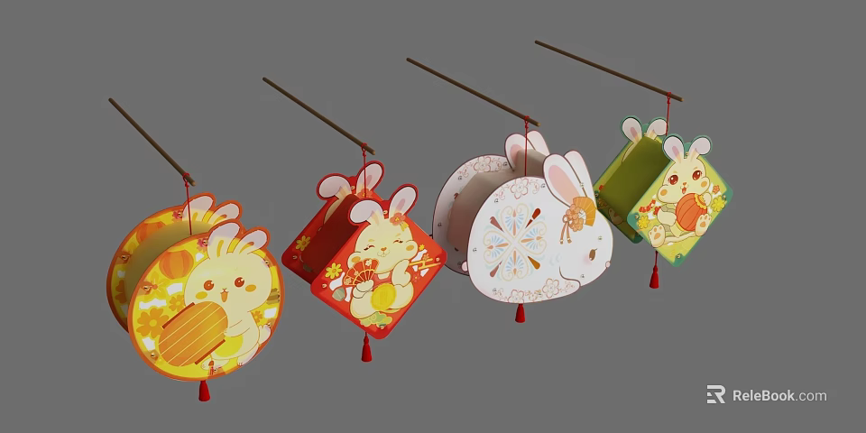 Cute Rabbit Shaped Lanterns with Various Colors and Festive Patterns for Decoration 3d model