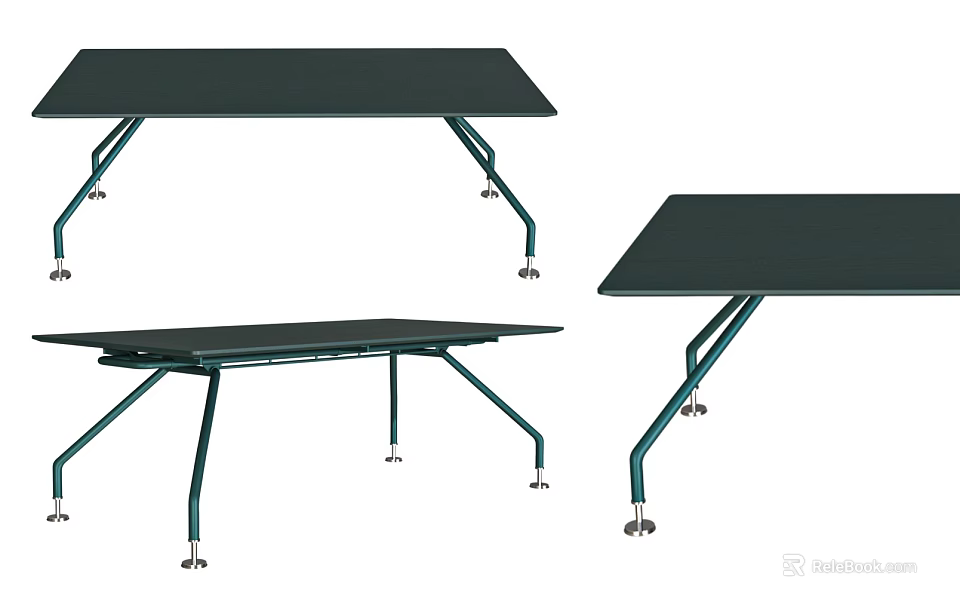 Foldable Office Desk With Green Legs Dark Tabletop Wheels Shown In Multiple Angles 3d model
