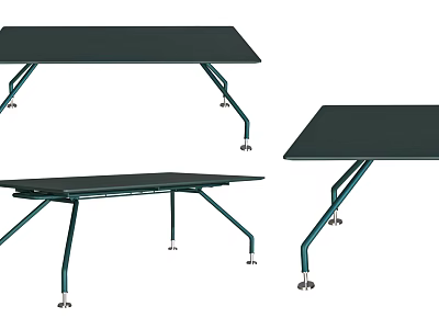 Foldable Office Desk With Green Legs Dark Tabletop Wheels Shown In Multiple Angles 3d model