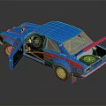 Blue Race Car Model With Open Doors Trunk Golden Wheels And Stripes