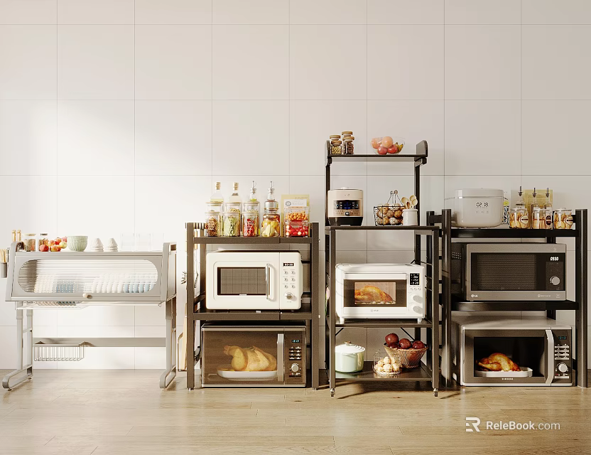Modern Kitchen Interior With Multiple Appliances Including Microwaves Ovens On Metal Shelves And Food Items 3d model 