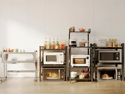 Modern Kitchen Interior With Multiple Appliances Including Microwaves Ovens On Metal Shelves And Food Items 3d model