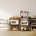 Modern Kitchen Interior With Multiple Appliances Including Microwaves Ovens On Metal Shelves And Food Items
