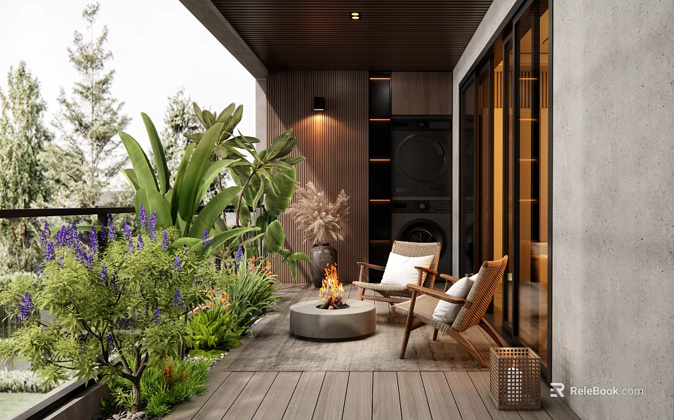 Villa Balcony Featuring Wooden Outdoor Seating Fire Pit And Lush Greenery 3d model 