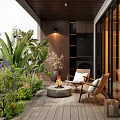 Villa Balcony Featuring Wooden Outdoor Seating Fire Pit And Lush Greenery