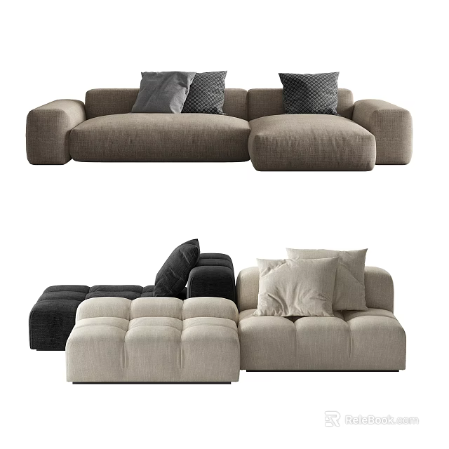 Modern Multi-Seat Sofa With Beige Black Linen Fabric Modular Sections And Decorative Pillows 3d model 