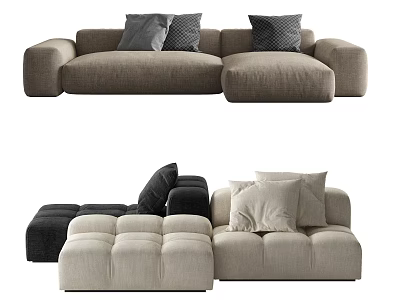 Modern Multi-Seat Sofa With Beige Black Linen Fabric Modular Sections And Decorative Pillows 3d model
