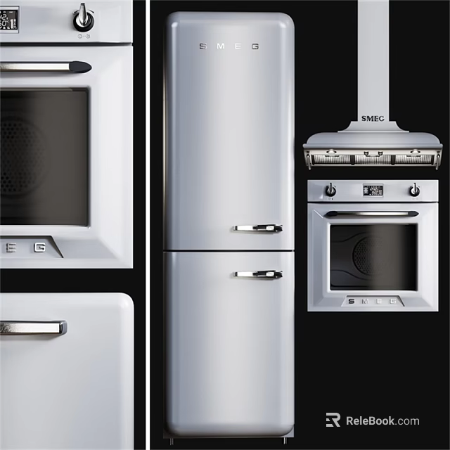 Modern Silver Kitchen Appliances Including Refrigerator Microwave Oven And Range Hood 3d model 