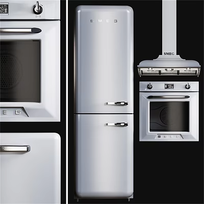 Modern Silver Kitchen Appliances Including Refrigerator Microwave Oven And Range Hood 3d model