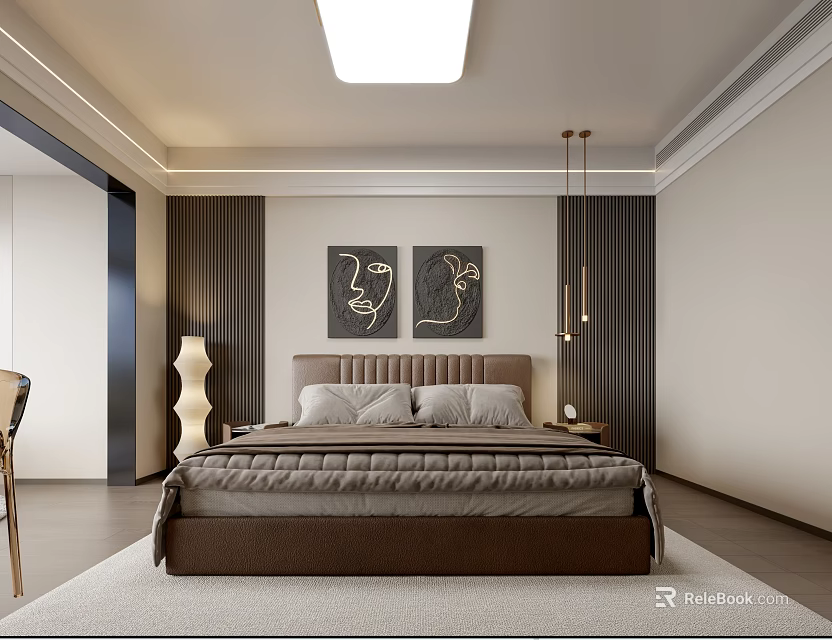 Modern Bedroom Interior Design With Brown Bed Hanging Lights Artworks And Area Rug 3d model 