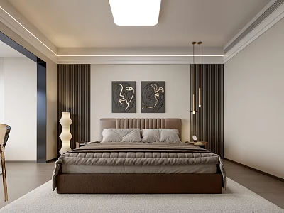 Modern Bedroom Interior Design With Brown Bed Hanging Lights Artworks And Area Rug 3d model