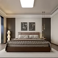 Modern Bedroom Interior Design With Brown Bed Hanging Lights Artworks And Area Rug