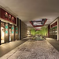 Traditional Chinese Commercial Street With Stone Pavement Red Plaques Green Plants And Water Pool