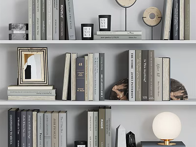 Stylish Decorative Ornament Combination With Books Photo Frames And Circular Decor On Shelf 3d model