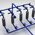 Blue Piping System with Gray Cylinders Valves and Connectors in Grid Layout
