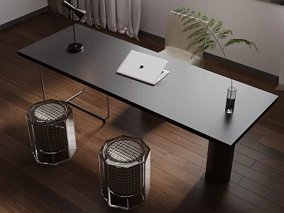 Modern Black Desk with Laptop Table Lamp Vase Plant and Wicker Stools 3d model