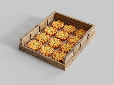 Golden Cheesy Mini Tarts Arranged In Wooden Tray For Delicious Snacks 3d model