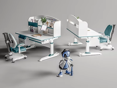 Modern White Desk With Blue Chair Storage Plant And Robot Toy 3d model