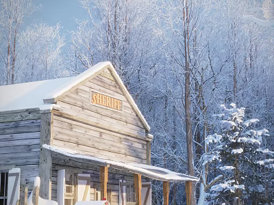 Wooden Detached Villa with Snow Covered Roof and Porch Surrounded by Winter Trees 3d model