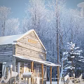 Wooden Detached Villa with Snow Covered Roof and Porch Surrounded by Winter Trees