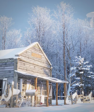 Wooden Detached Villa with Snow Covered Roof and Porch Surrounded by Winter Trees 3d model