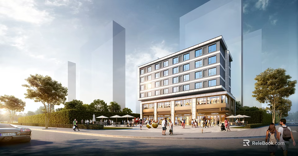 Modern Commercial Complex With Bustling Plaza And Pedestrians 3d model