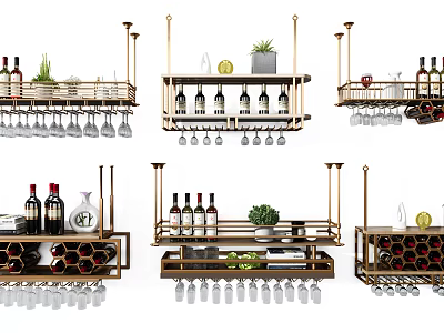 Modern Metal Wine Cabinet with Hanging Glass Holders Wine Bottles and Decorative Plants 3d model