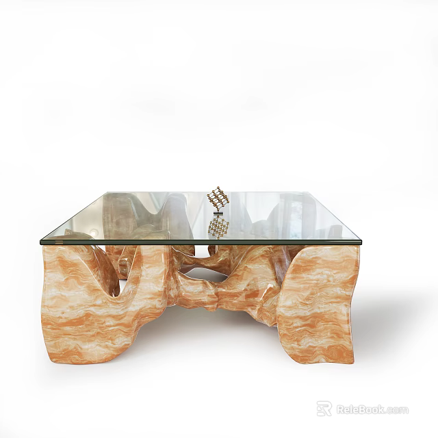 Light Brown Irregular Shape Coffee Table With Glass Top And Marble Base Interior 3d model 