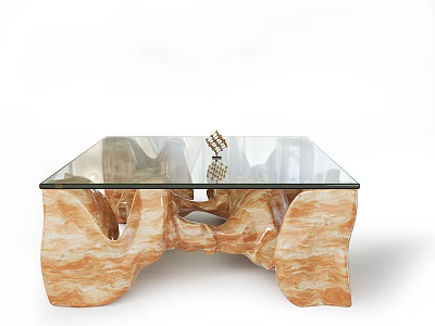 Light Brown Irregular Shape Coffee Table With Glass Top And Marble Base Interior 3d model