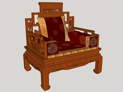 Chinese Style Single Sofa with Wooden Carved Frame Red Cushions Golden Patterns and Throw Pillow 3d model