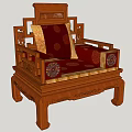 Chinese Style Single Sofa with Wooden Carved Frame Red Cushions Golden Patterns and Throw Pillow
