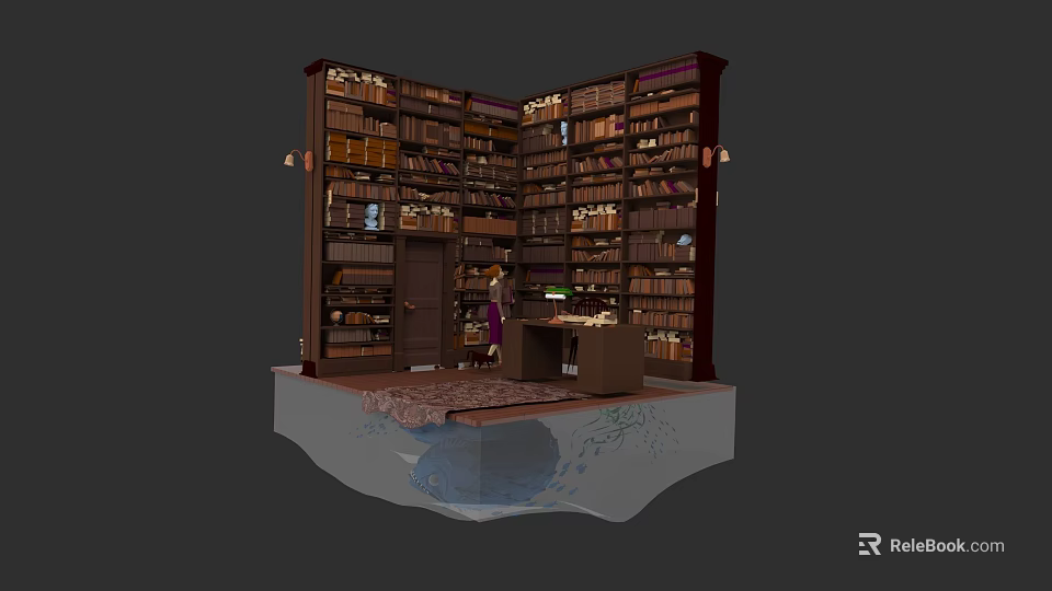 Comfortable Multiperson Sofa in Traditional Library with Wooden Bookshelves and Desk 3d model 