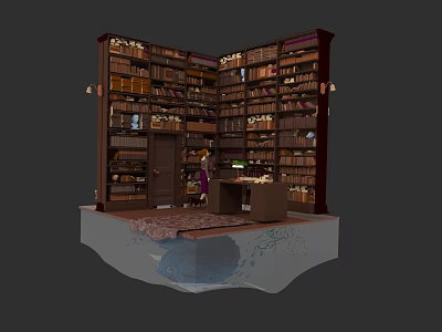 Comfortable Multiperson Sofa in Traditional Library with Wooden Bookshelves and Desk 3d model