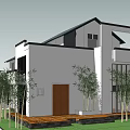 Modern Single Family House With Black Roof White Walls Large Glass Windows And Bamboo Trees