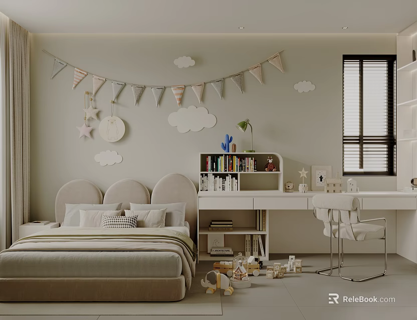 Cozy Kids Room With Beige Bed Cloud Decorations Bunting Flags Bookshelf Desk And Toys 3d model 