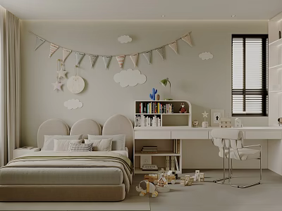 Cozy Kids Room With Beige Bed Cloud Decorations Bunting Flags Bookshelf Desk And Toys 3d model