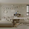 Cozy Kids Room With Beige Bed Cloud Decorations Bunting Flags Bookshelf Desk And Toys