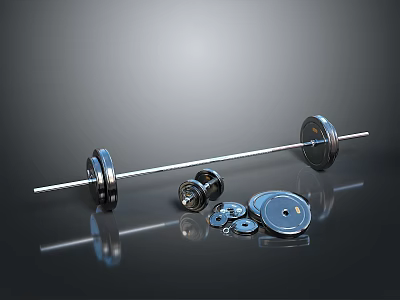 Barbell With Multiple Weight Plates Arranged On Reflective Surface For Fitness 3d model