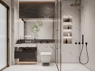 Modern Bathroom Interior With Marble Walls Shower Area Vanity Mirror And Potted Plant 3d model