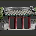 Traditional Chinese Entrance Gate Featuring Red Pillars Tile Roof Brick Walls And Green Plants