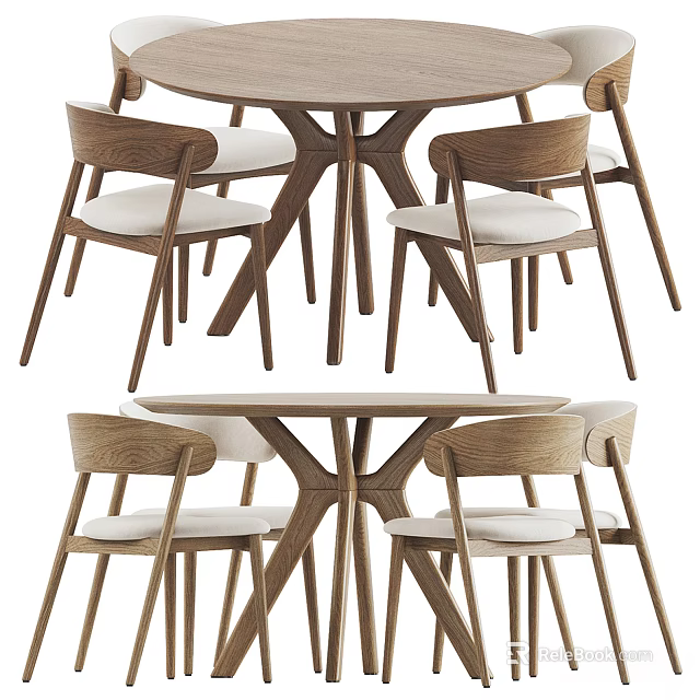 Modern Wooden Dining Table Set With Upholstered Chairs And Round Top Design 3d model 