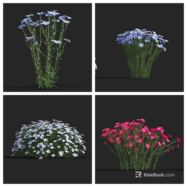 Colorful Floral Plants With Blue White And Pink Blooms And Green Stems 3d model 