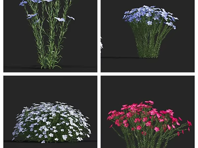 Colorful Floral Plants With Blue White And Pink Blooms And Green Stems 3d model